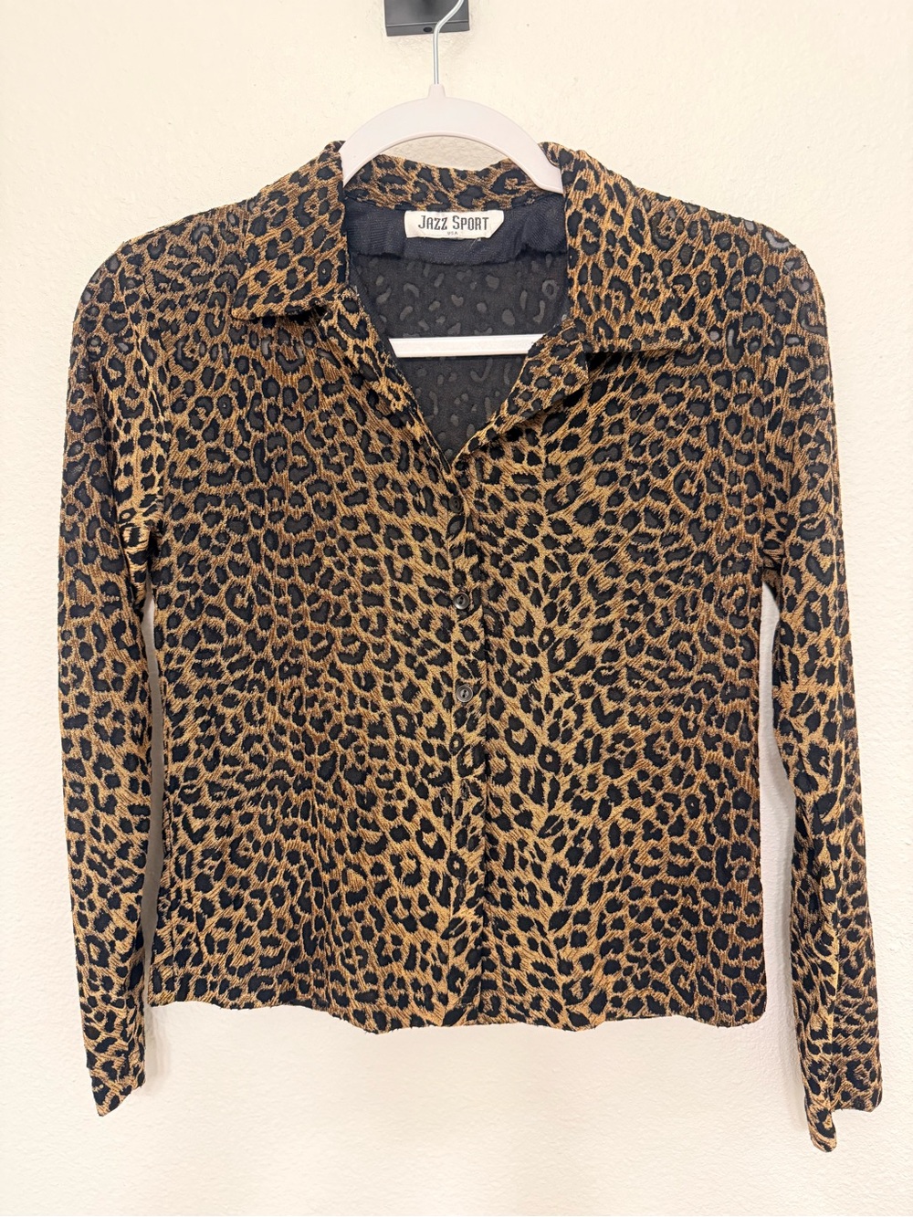 Vintage Collared Leopard Print Semi Sheer Button-Up Shirt S